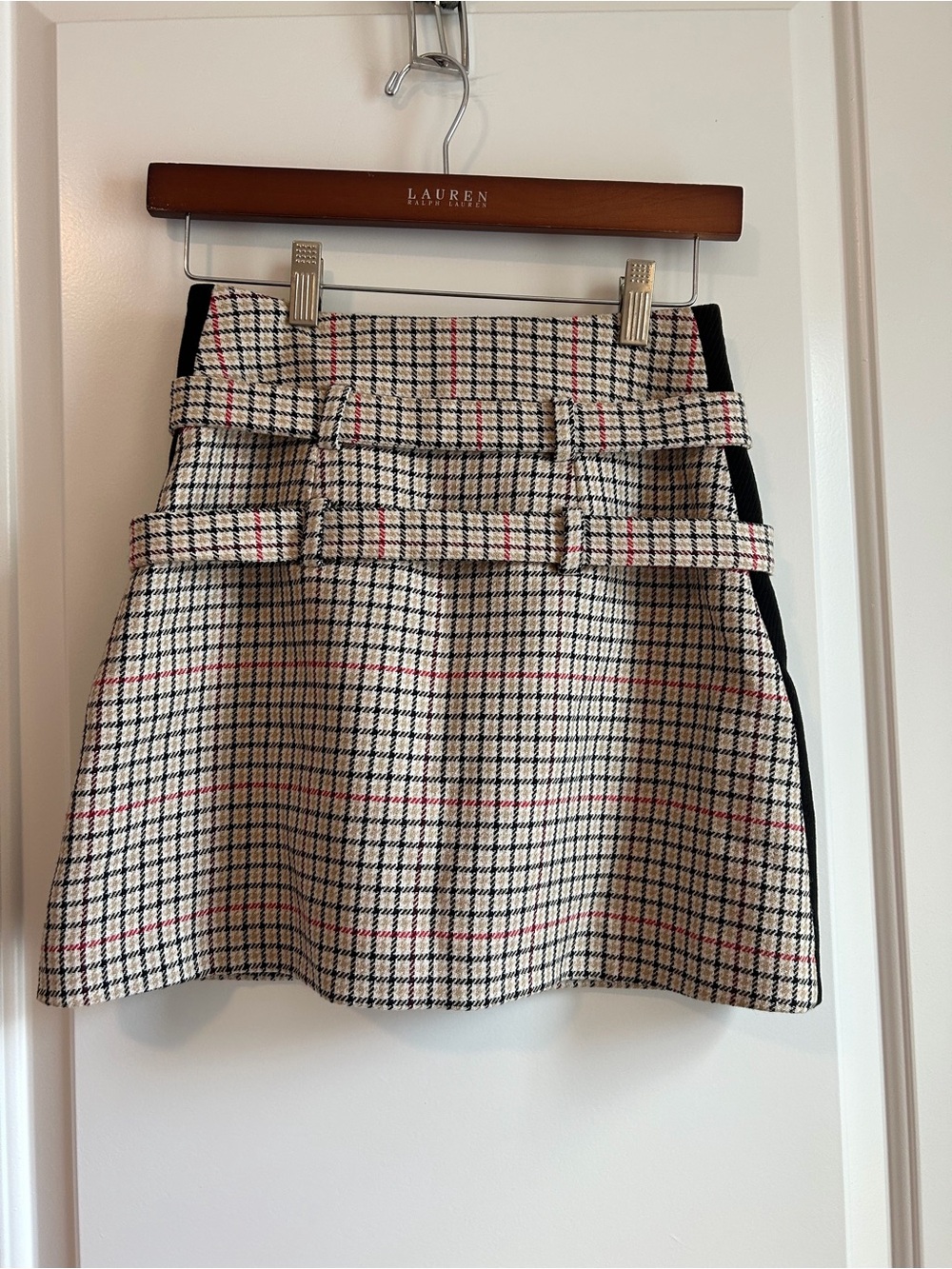 Maje Cream Plaid Mini Skirt with Black Side Panels
